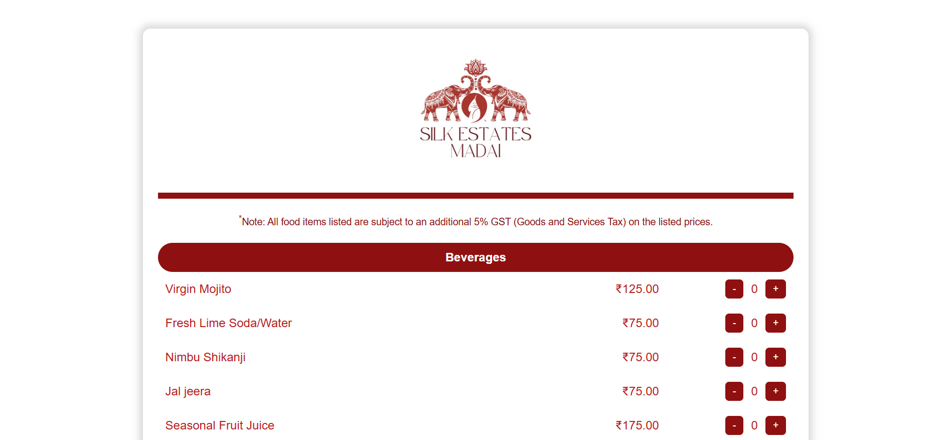 Silk Estates Menu